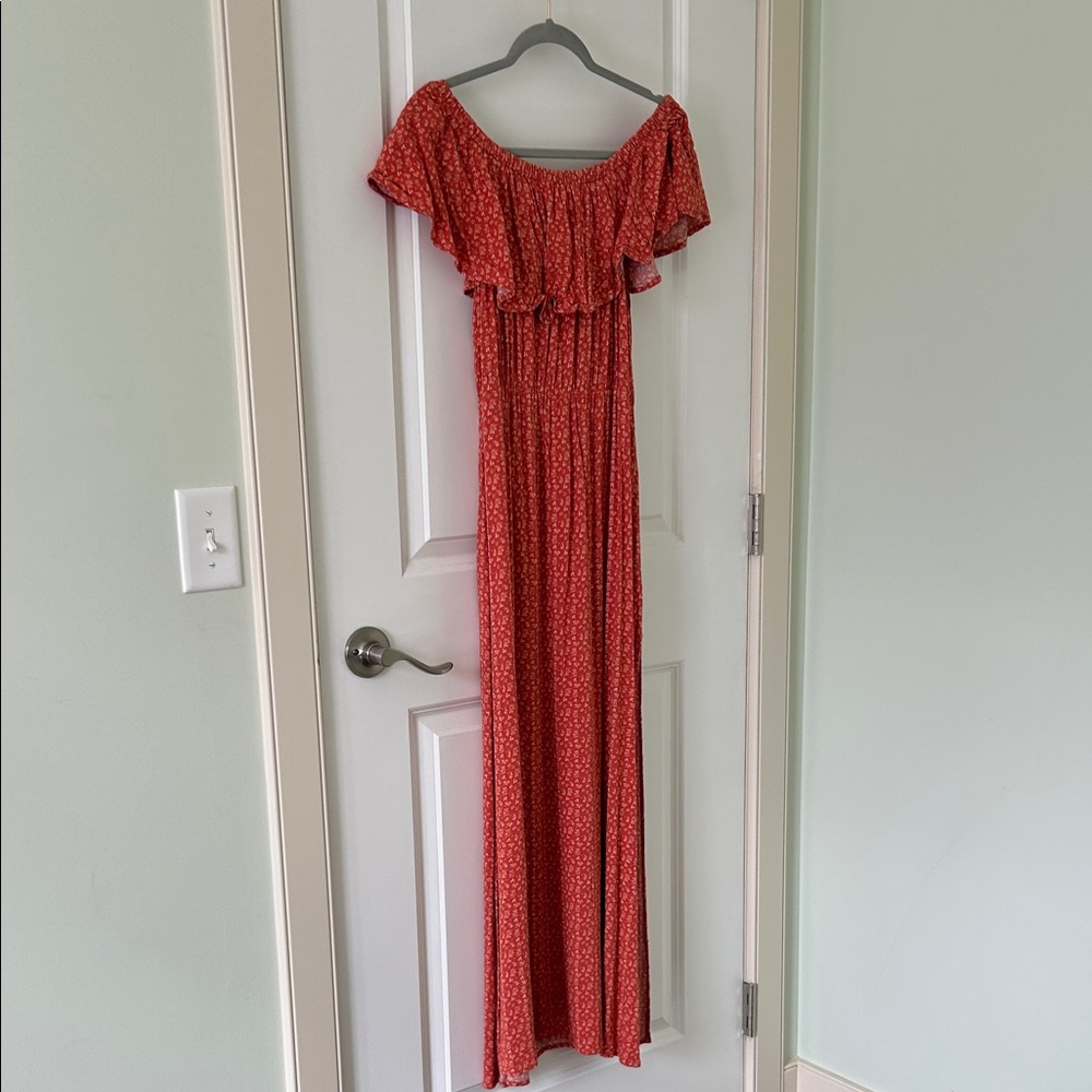 Burnt Orange Floral Off-Shoulder Maxi Dress